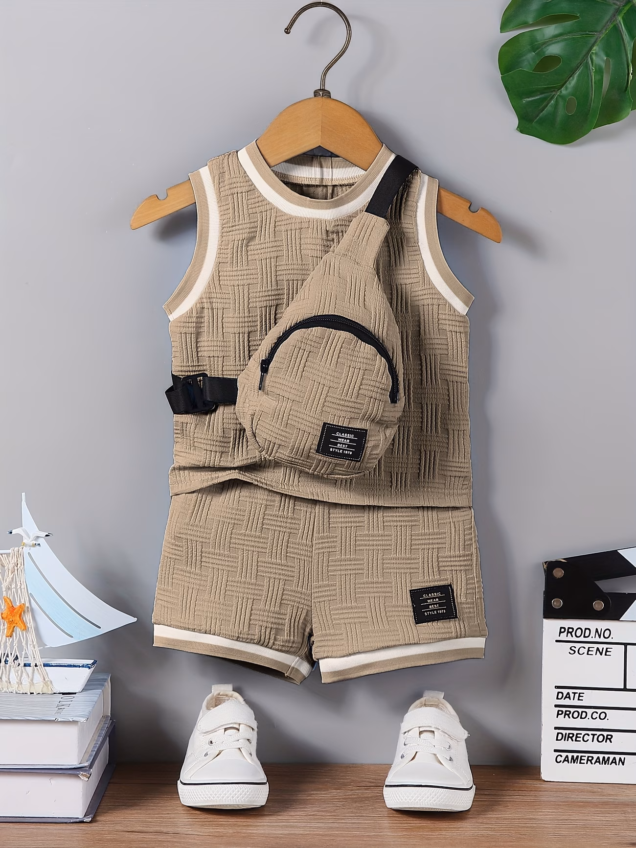 3-Piece Boys’ Summer Set Featuring Ribbed Texture Solid Color Vests and Matching Shorts, Complete with a Stylish Crossbody Bag, Perfect for Casual Outdoor Wear