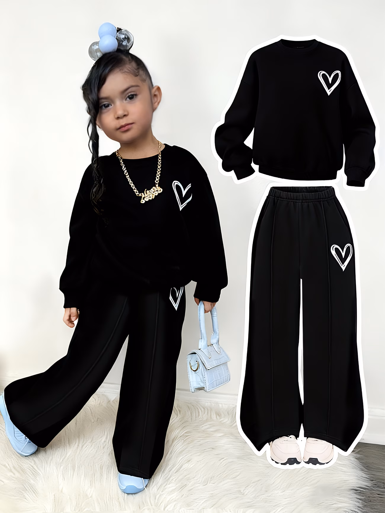 A Girls’ Two-Piece Outfit Featuring a Cute Heart-Print Fleece Sweatshirt Paired with Matching Printed Pants