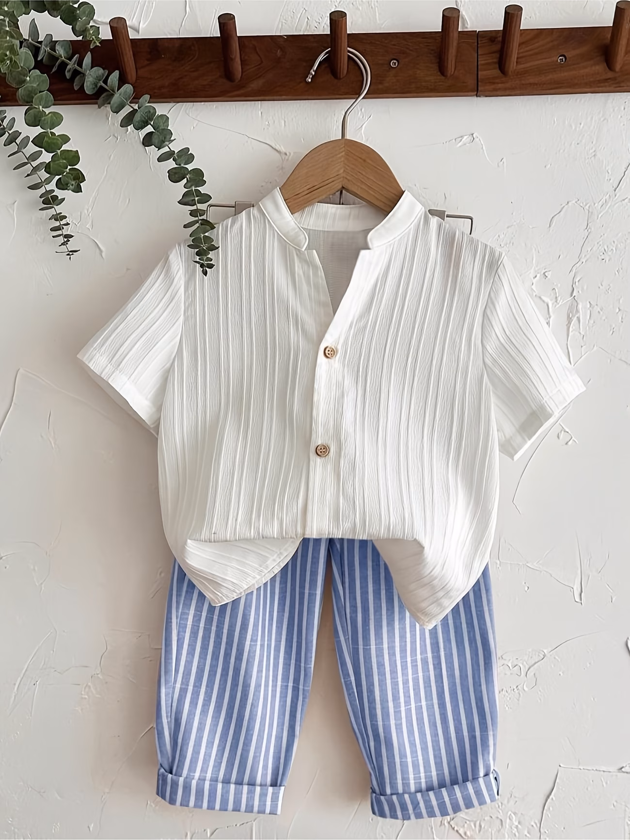2-Piece Boys’ Solid Color Woven Shirt and Striped Pants Set – A Smart and Stylish Outfit Featuring a Refined Top and Comfortable Bottoms, Perfect for Casual Wear, Outdoor Activities, and Special Occasions
